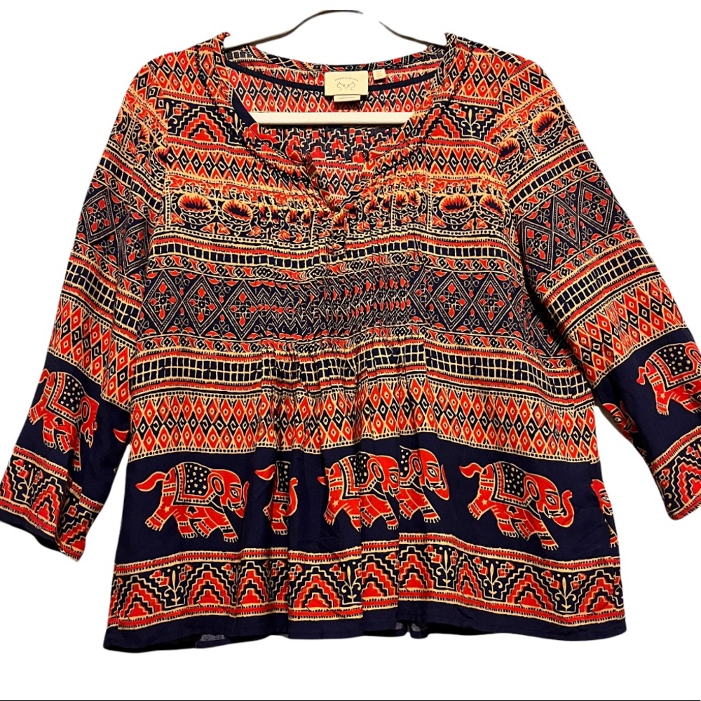 Anthropologie Vanessa Virginia Rust Navy Elephant Print Boho Top 6